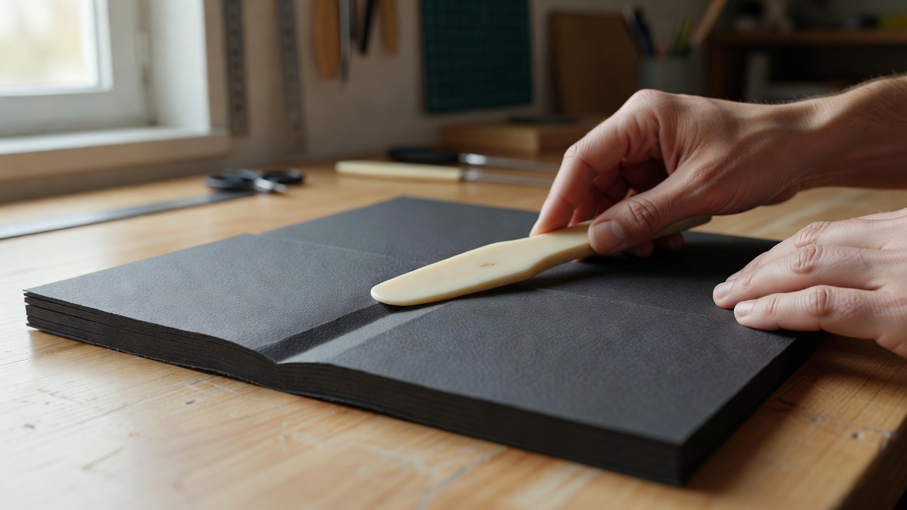 A maker using a smooth bone folder tool to burnish a clean fold into heavyweight charcoal paper