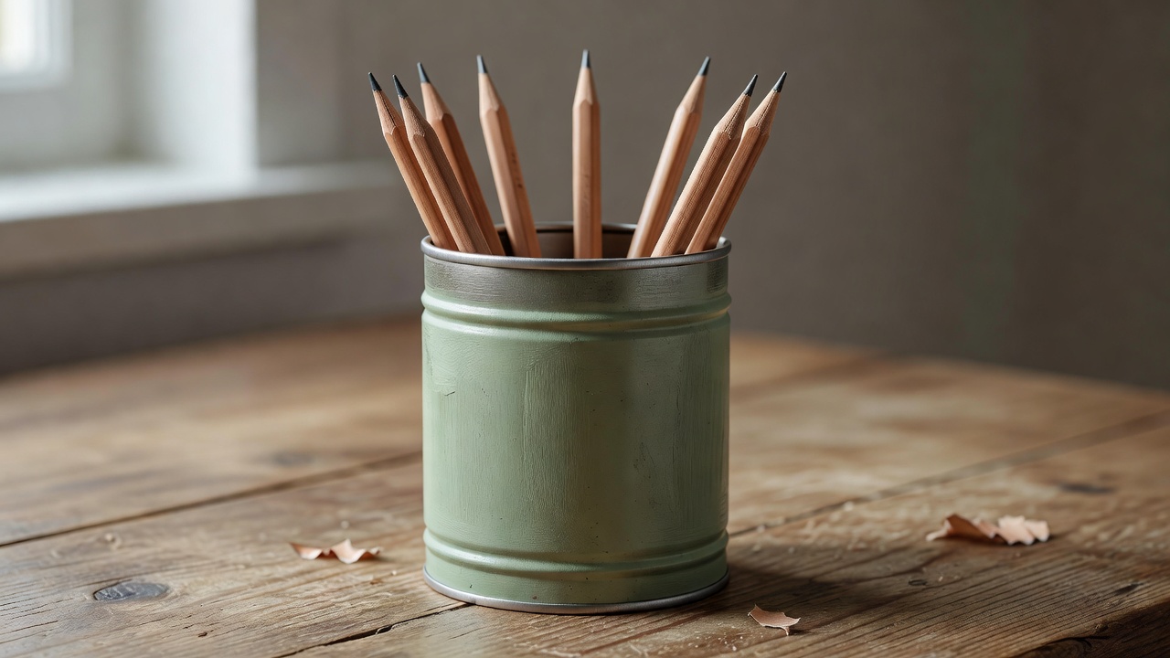 A clean recycled metal food tin smoothly filed and painted with matte mineral paint holding wood pencils