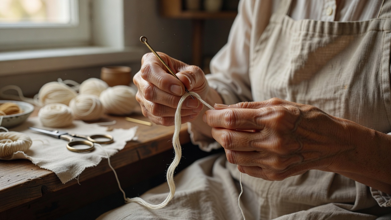 A crafter threading unbleached cotton floss through a brass needle eye under natural window light