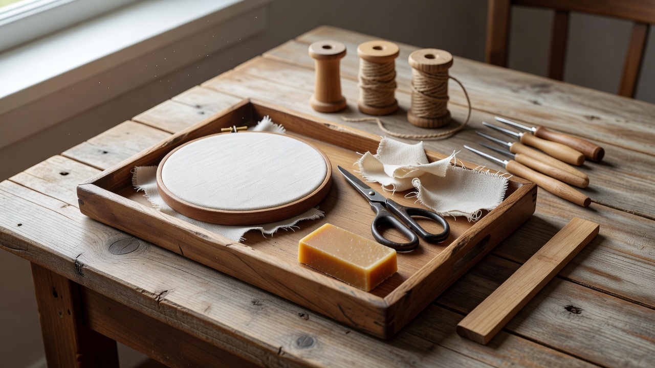 A modest wooden tray on a kitchen table holding an embroidery hoop, scissors, linen scraps, and beeswax block